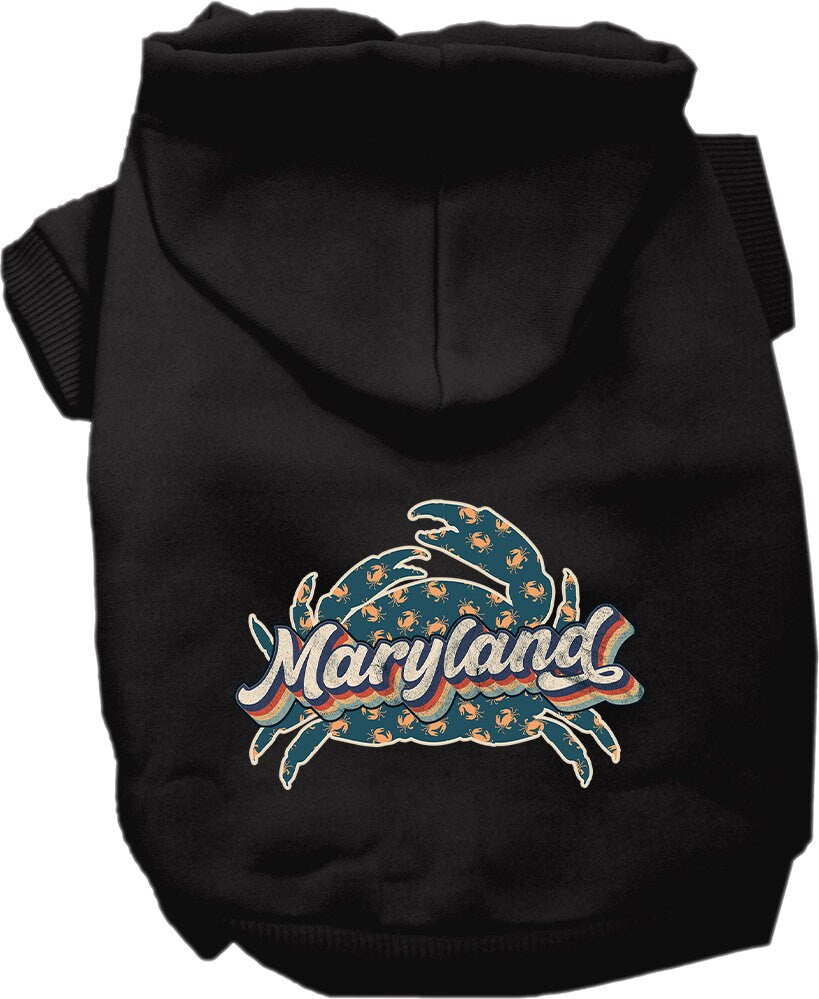 A small to medium pet wearing a Maryland Retro Crabs screen printed hoodie, showcasing its soft fabric and stylish design.