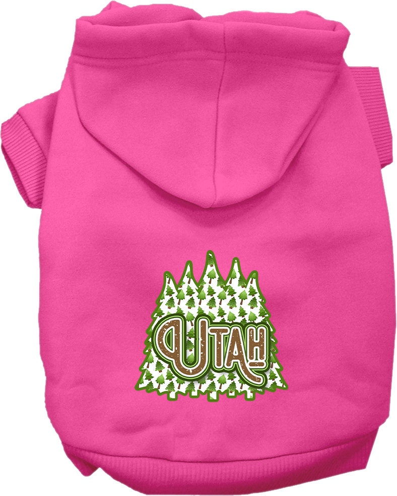 A cozy screen printed hoodie for small to medium pets featuring a Utah Woodland Trees design, perfect for dogs and cats.