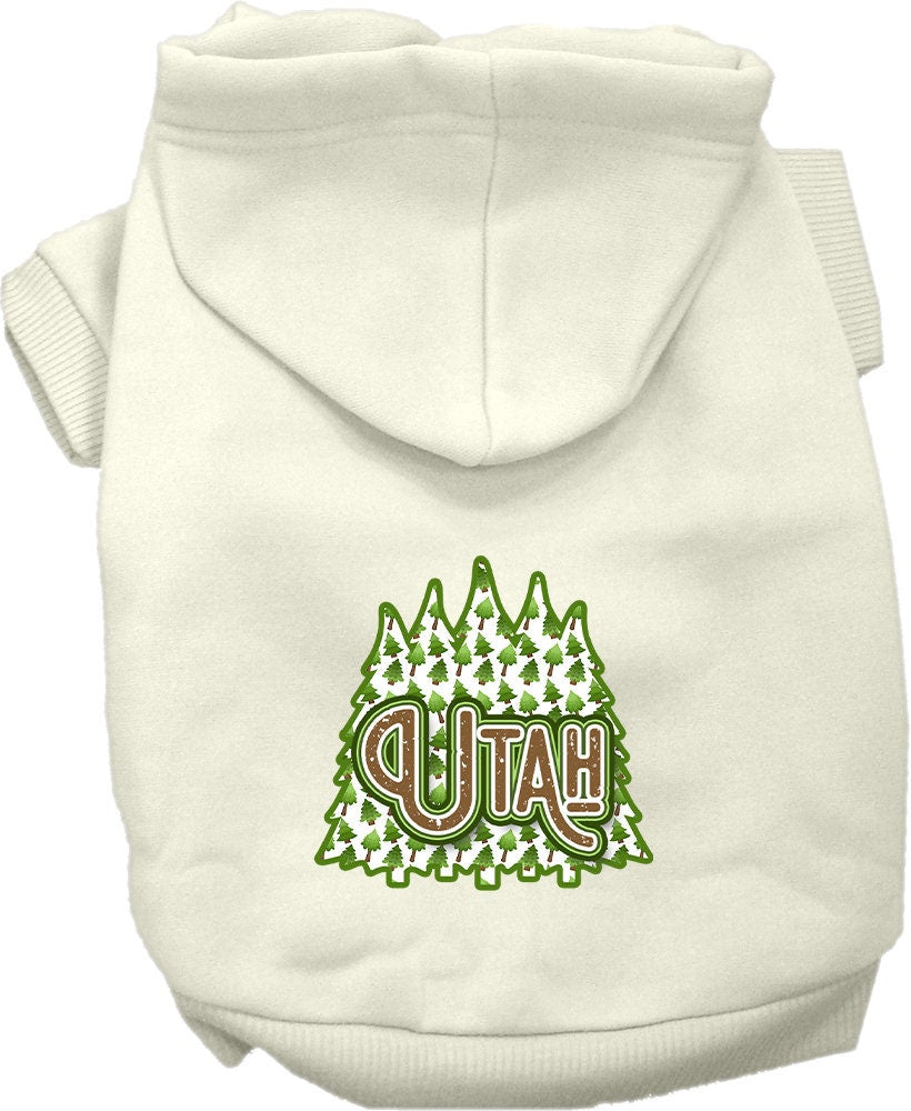 A cozy screen printed hoodie for small to medium pets featuring a Utah Woodland Trees design, perfect for dogs and cats.