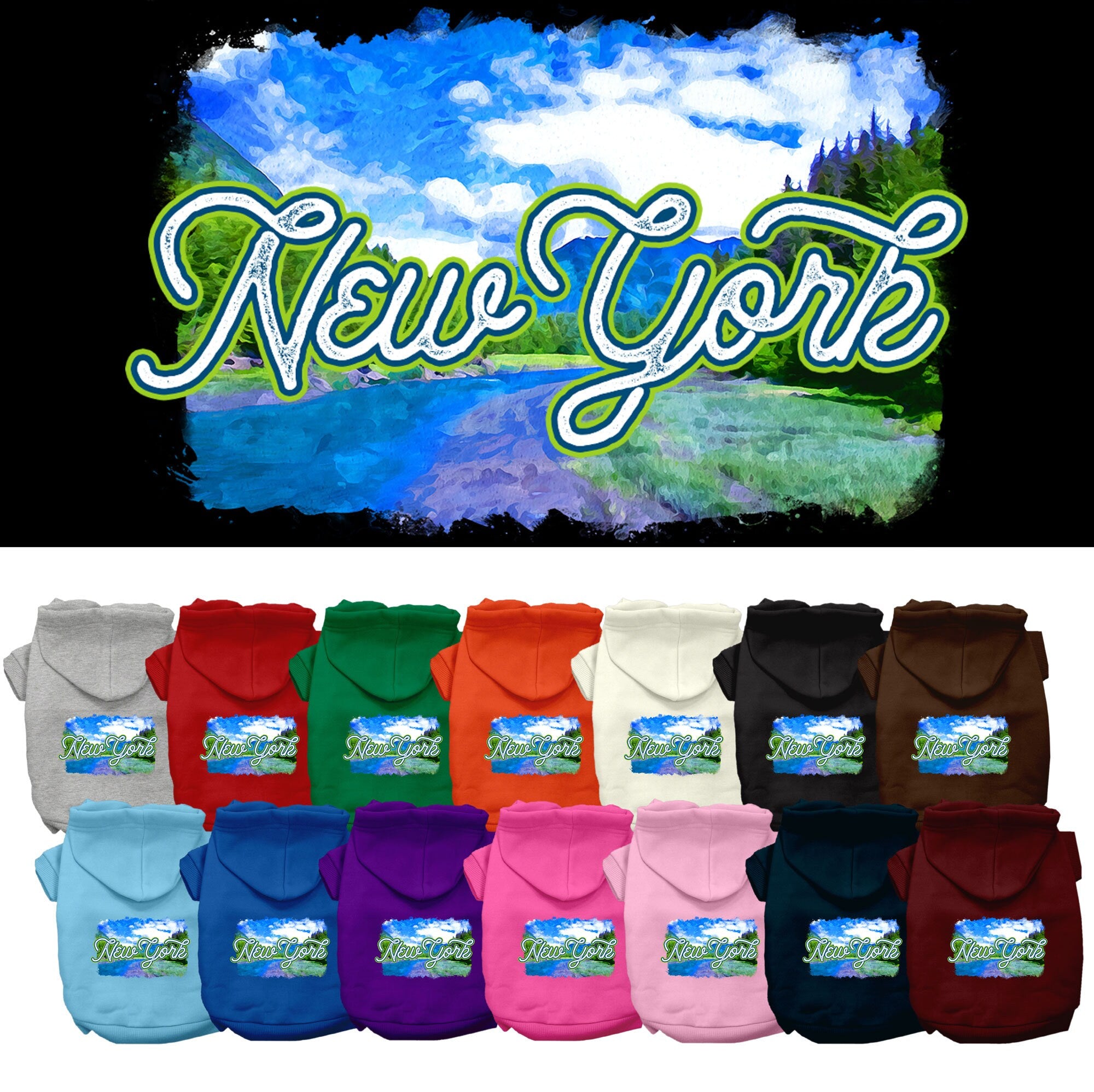 A small to medium pet wearing a stylish screen printed hoodie with a 'New York Summer' design, showcasing comfort and durability.