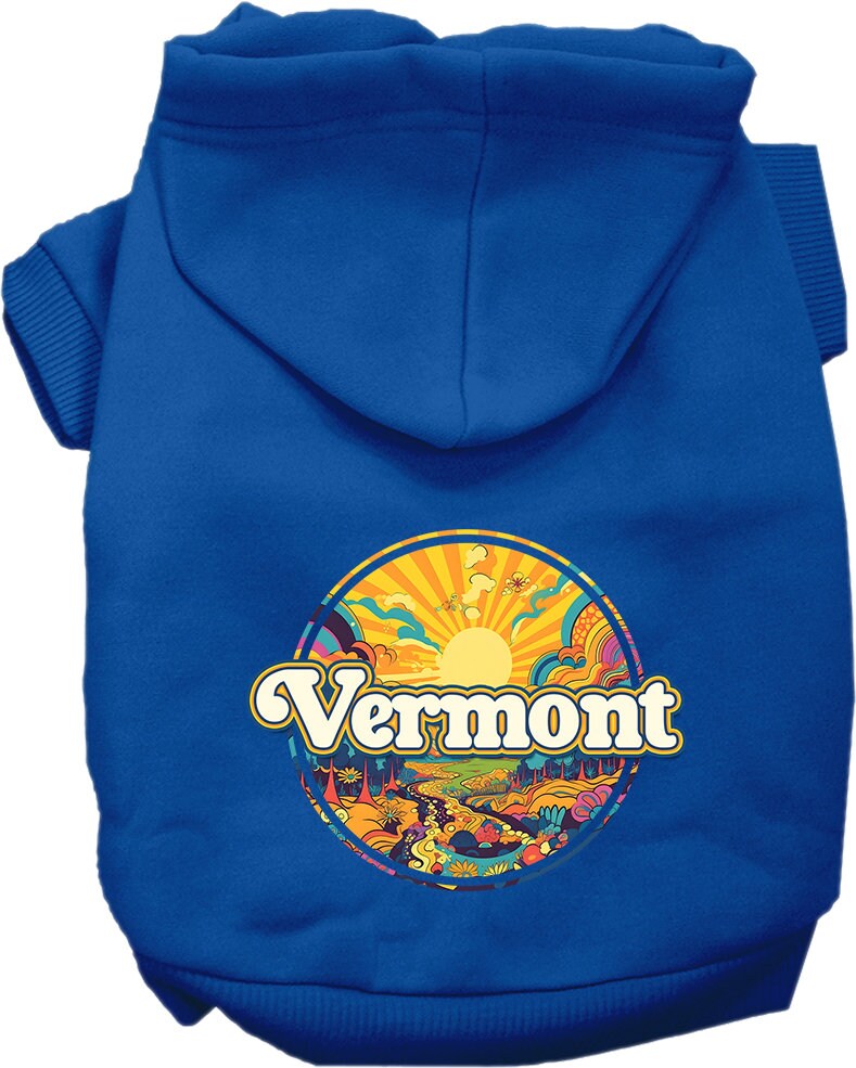 A cozy screen printed hoodie for small to medium pets, featuring a Vermont Trippy Peaks design, showcasing its soft fabric and convenient leash access hole.
