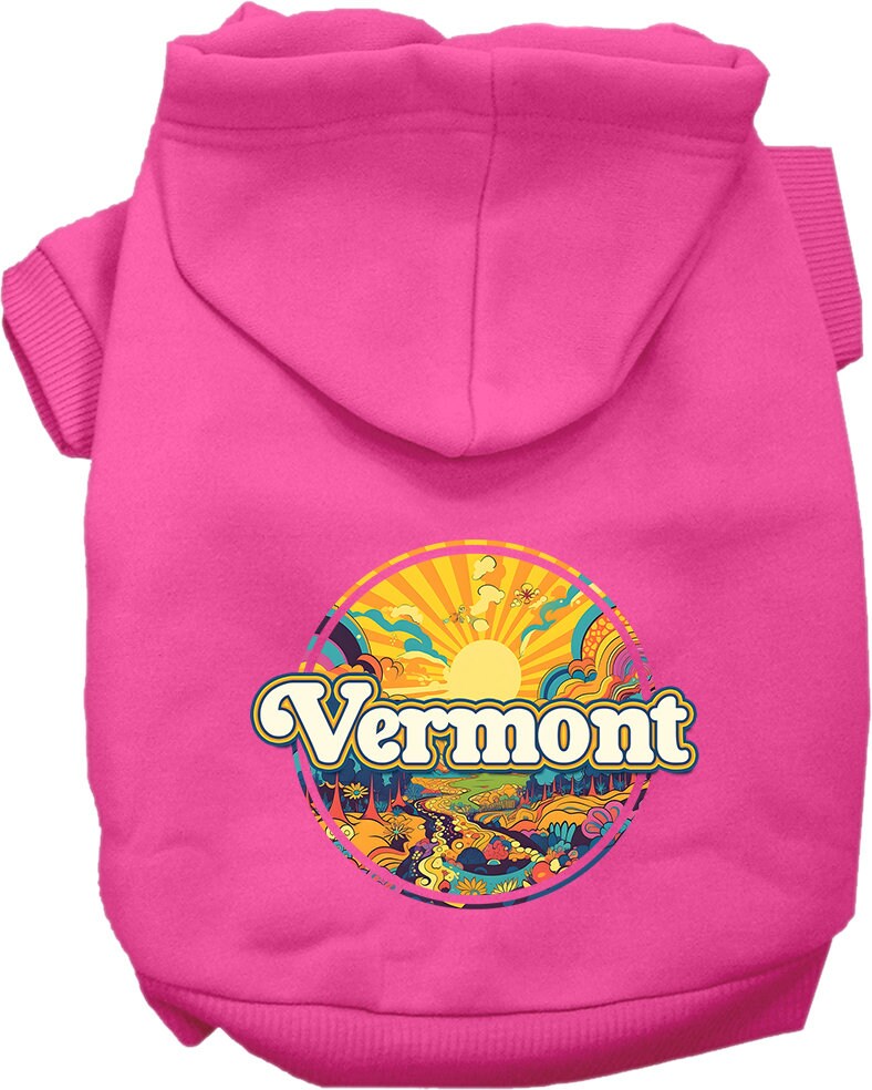A cozy screen printed hoodie for small to medium pets, featuring a Vermont Trippy Peaks design, showcasing its soft fabric and convenient leash access hole.