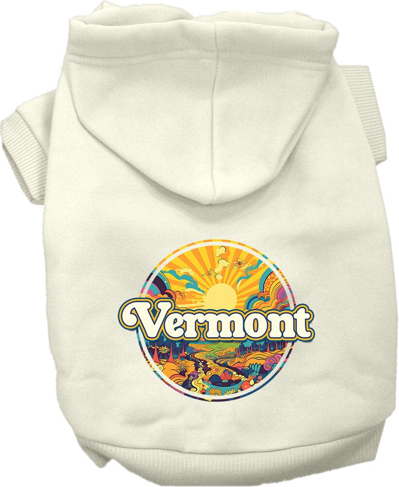 A cozy screen printed hoodie for small to medium pets, featuring a Vermont Trippy Peaks design, showcasing its soft fabric and convenient leash access hole.