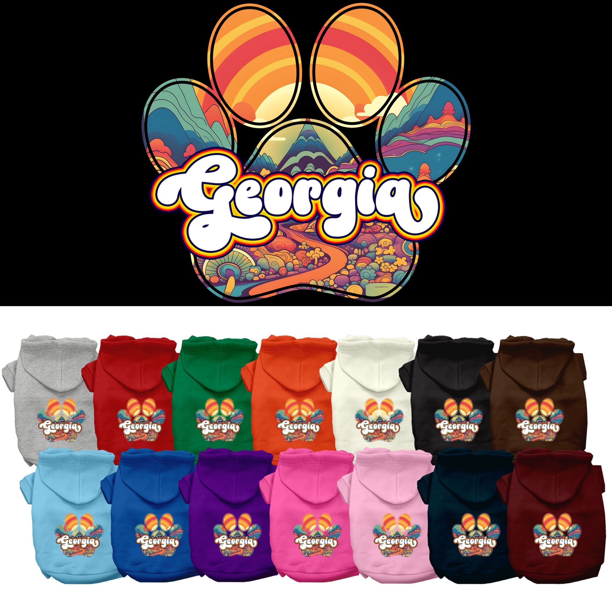 A cozy screen printed hoodie for small to medium pets, featuring a unique 'Georgia Groovy Summit' design, perfect for dogs and cats.