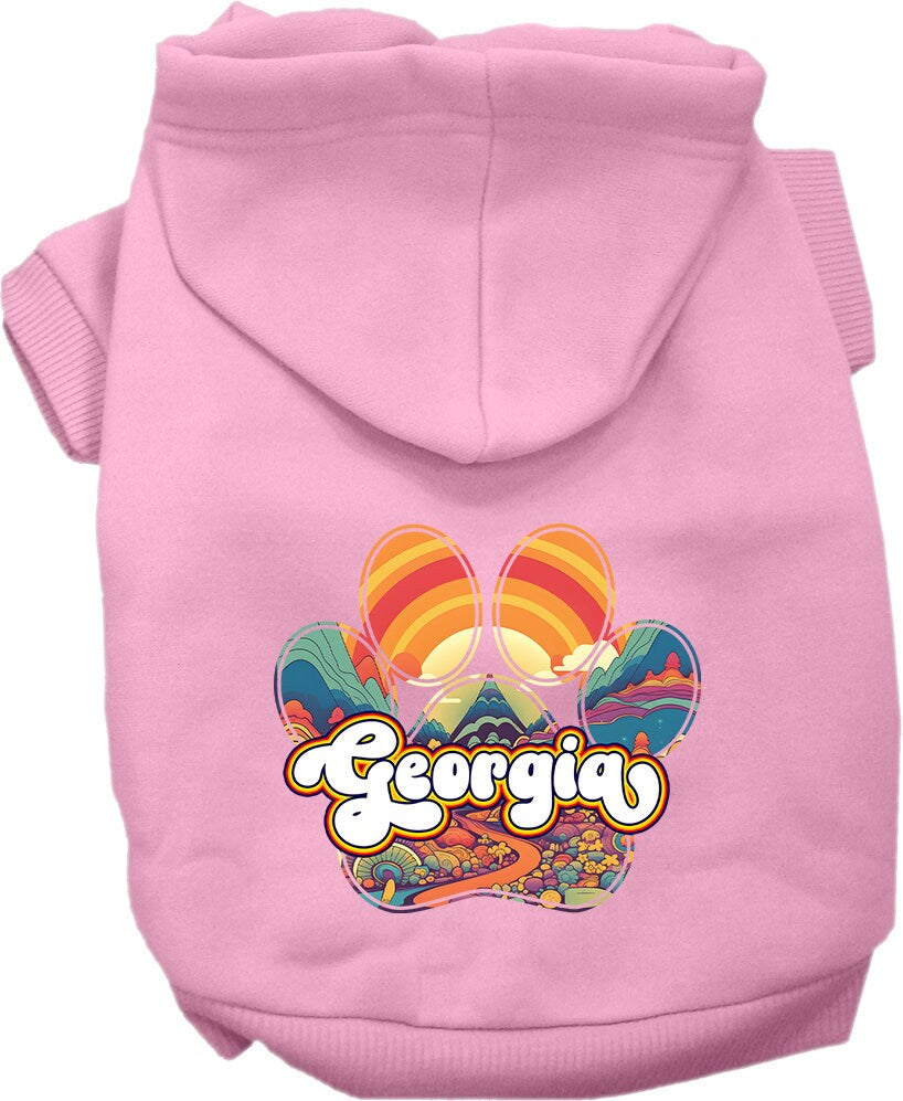 A cozy screen printed hoodie for small to medium pets, featuring a unique 'Georgia Groovy Summit' design, perfect for dogs and cats.