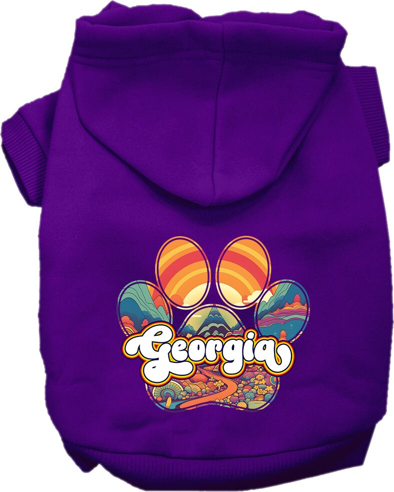 A cozy screen printed hoodie for small to medium pets, featuring a unique 'Georgia Groovy Summit' design, perfect for dogs and cats.