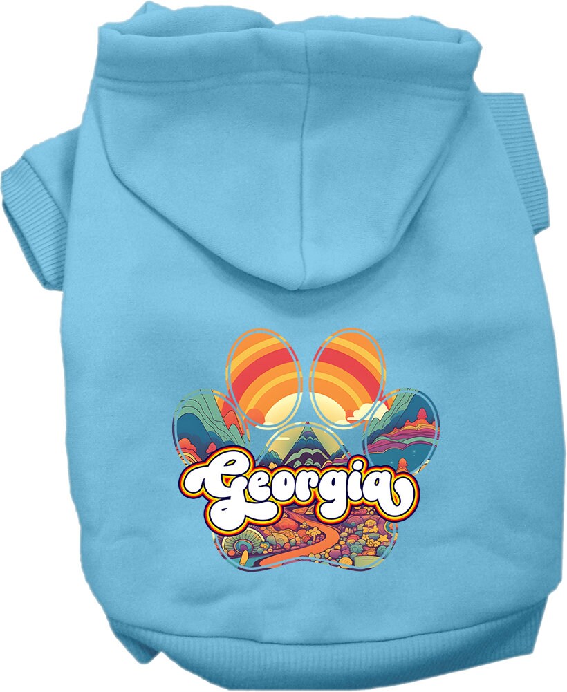 A cozy screen printed hoodie for small to medium pets, featuring a unique 'Georgia Groovy Summit' design, perfect for dogs and cats.