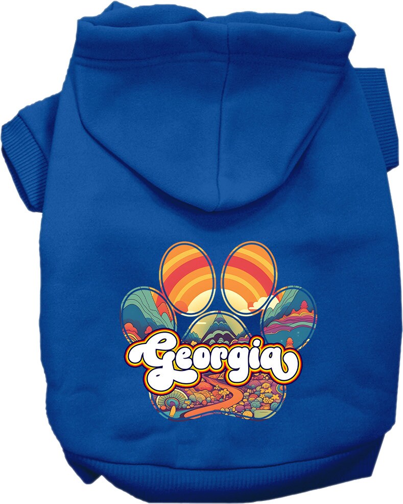 A cozy screen printed hoodie for small to medium pets, featuring a unique 'Georgia Groovy Summit' design, perfect for dogs and cats.