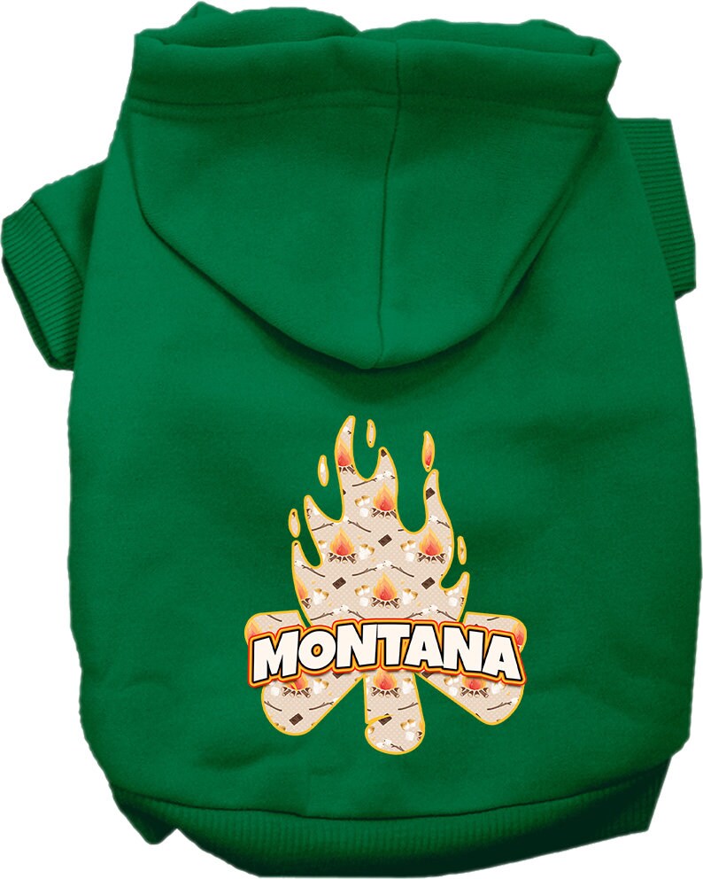 A cozy screen printed hoodie for small to medium pets, featuring a unique 'Montana Around The Campfire' design, perfect for chilly walks.