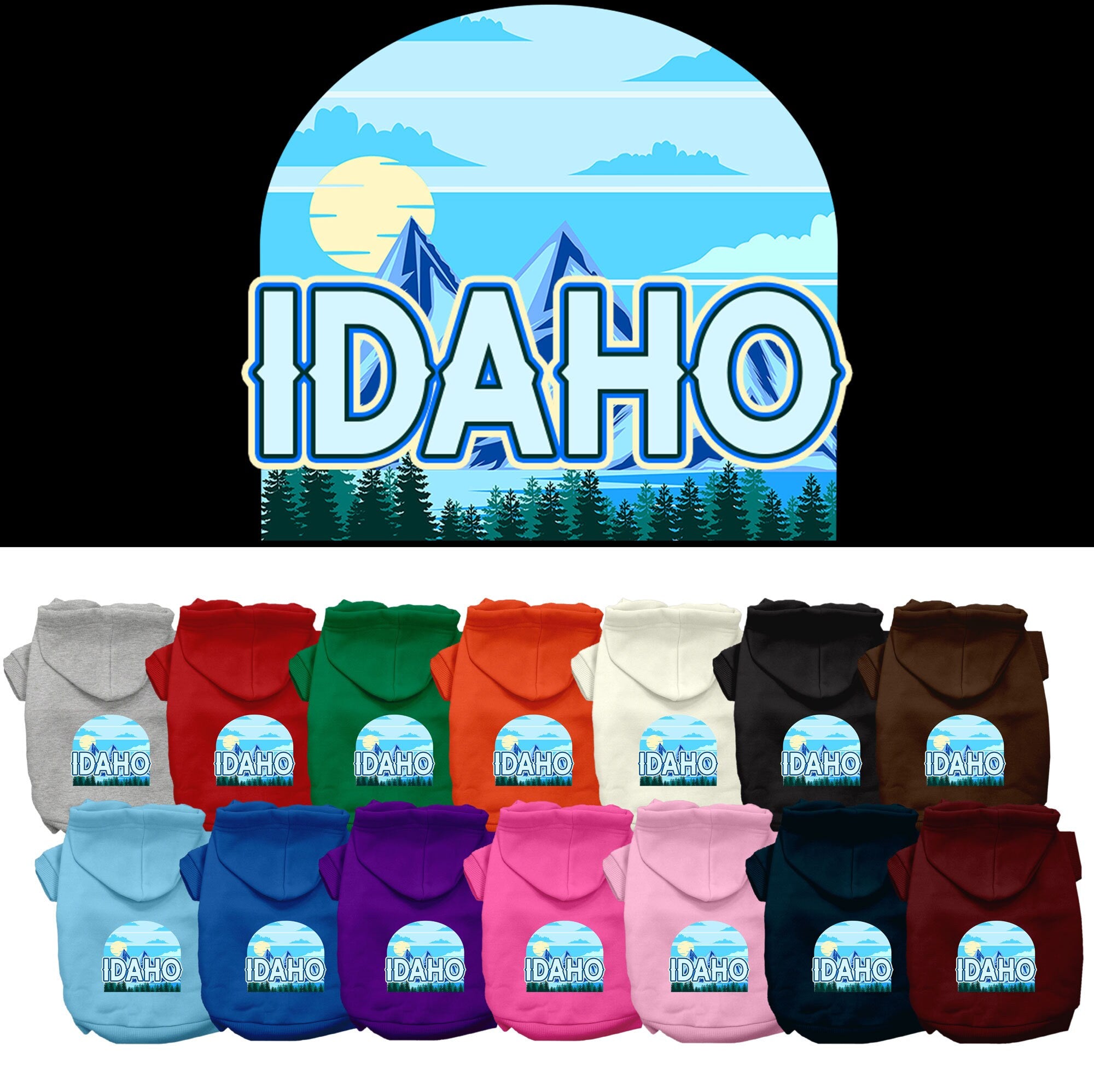 A cozy screen printed hoodie for small to medium pets, featuring the Idaho Trailblazer design, perfect for dogs and cats.