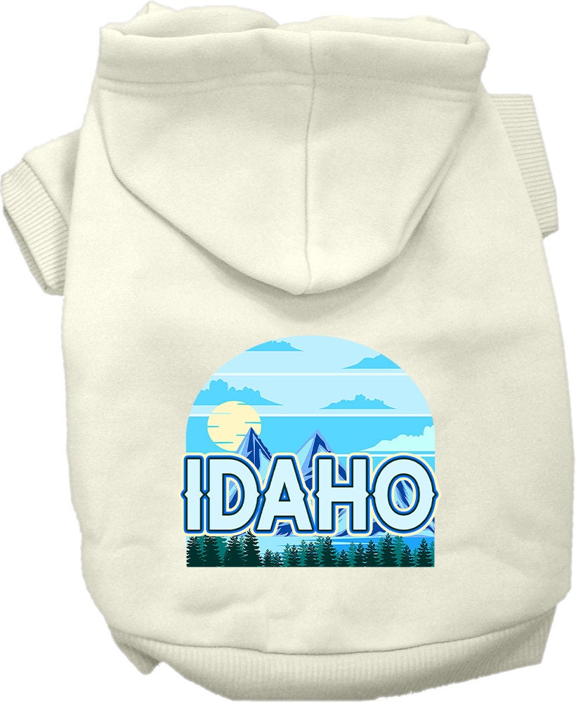 A cozy screen printed hoodie for small to medium pets, featuring the Idaho Trailblazer design, perfect for dogs and cats.