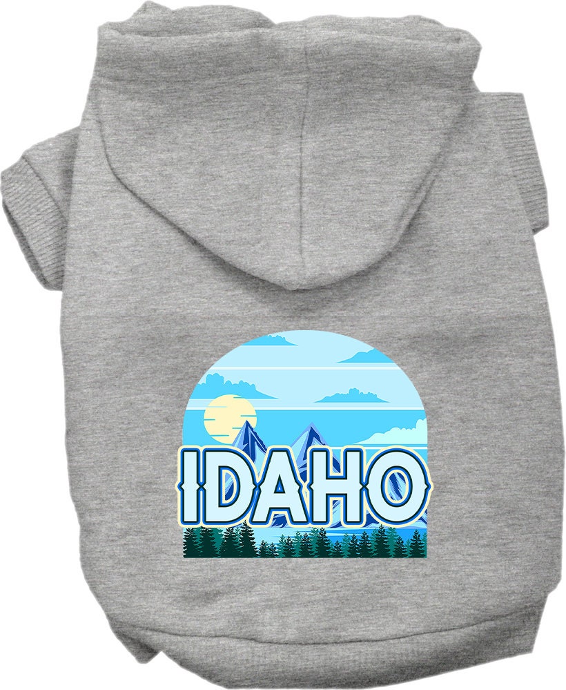 A cozy screen printed hoodie for small to medium pets, featuring the Idaho Trailblazer design, perfect for dogs and cats.