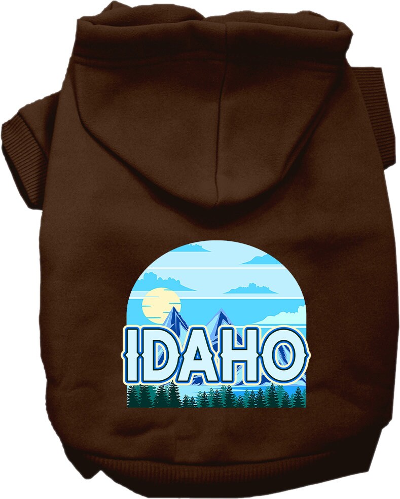 A cozy screen printed hoodie for small to medium pets, featuring the Idaho Trailblazer design, perfect for dogs and cats.