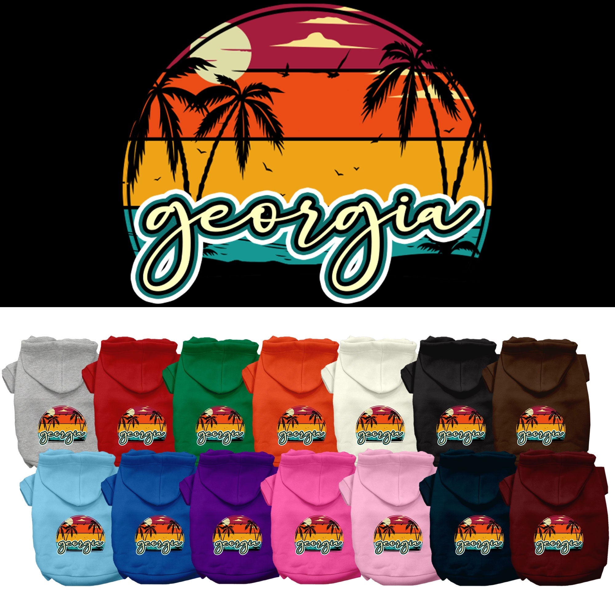 A small to medium pet wearing a stylish Georgia Retro Beach Sunset hoodie, showcasing its vibrant colors and comfortable fit.