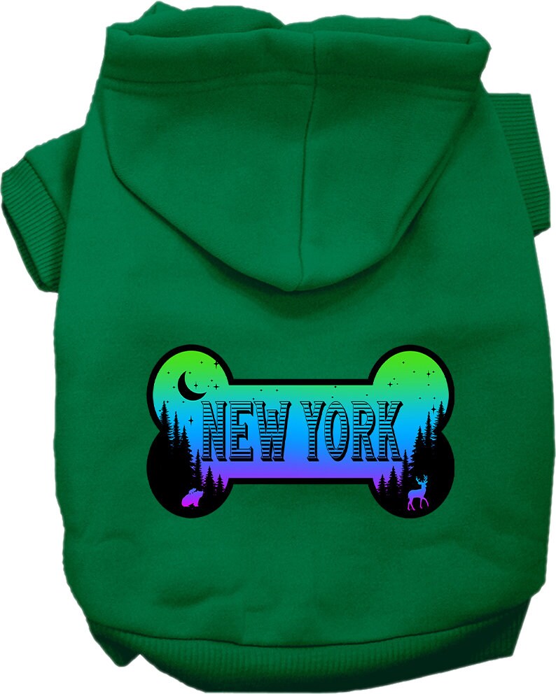 A cozy screen printed hoodie for small to medium pets, featuring a stylish 'New York Mountain Shades' design, perfect for dogs and cats.