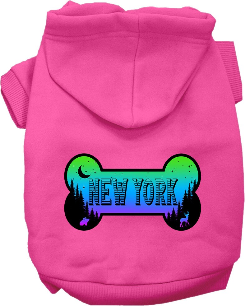 A cozy screen printed hoodie for small to medium pets, featuring a stylish 'New York Mountain Shades' design, perfect for dogs and cats.