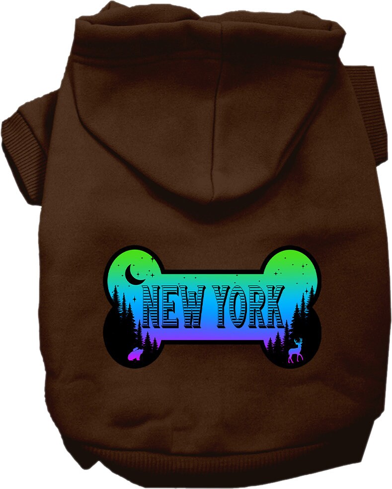 A cozy screen printed hoodie for small to medium pets, featuring a stylish 'New York Mountain Shades' design, perfect for dogs and cats.