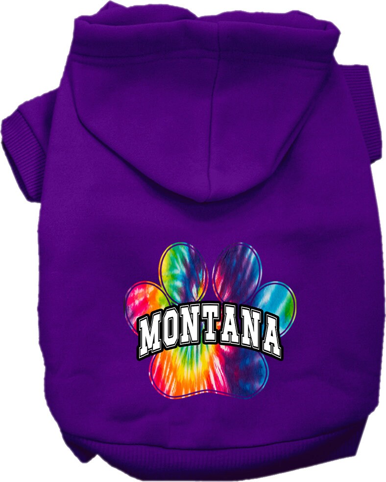 A small to medium pet wearing a colorful Montana Bright Tie Dye hoodie, showcasing its soft fabric and convenient leash access hole.