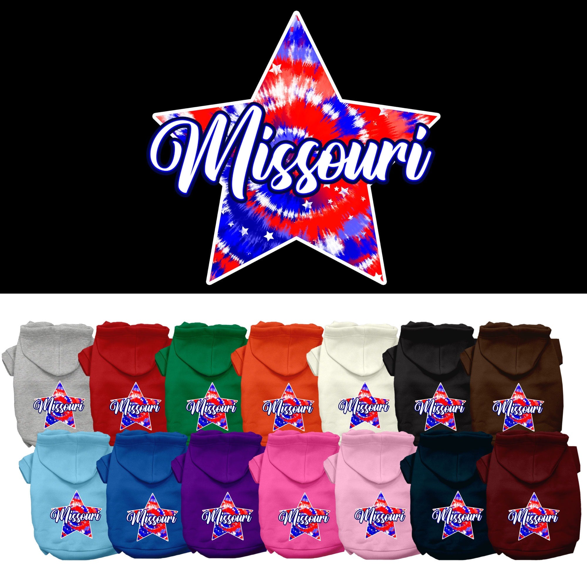 A small to medium pet wearing a Missouri Patriotic Tie Dye hoodie, showcasing its vibrant colors and comfortable fit.