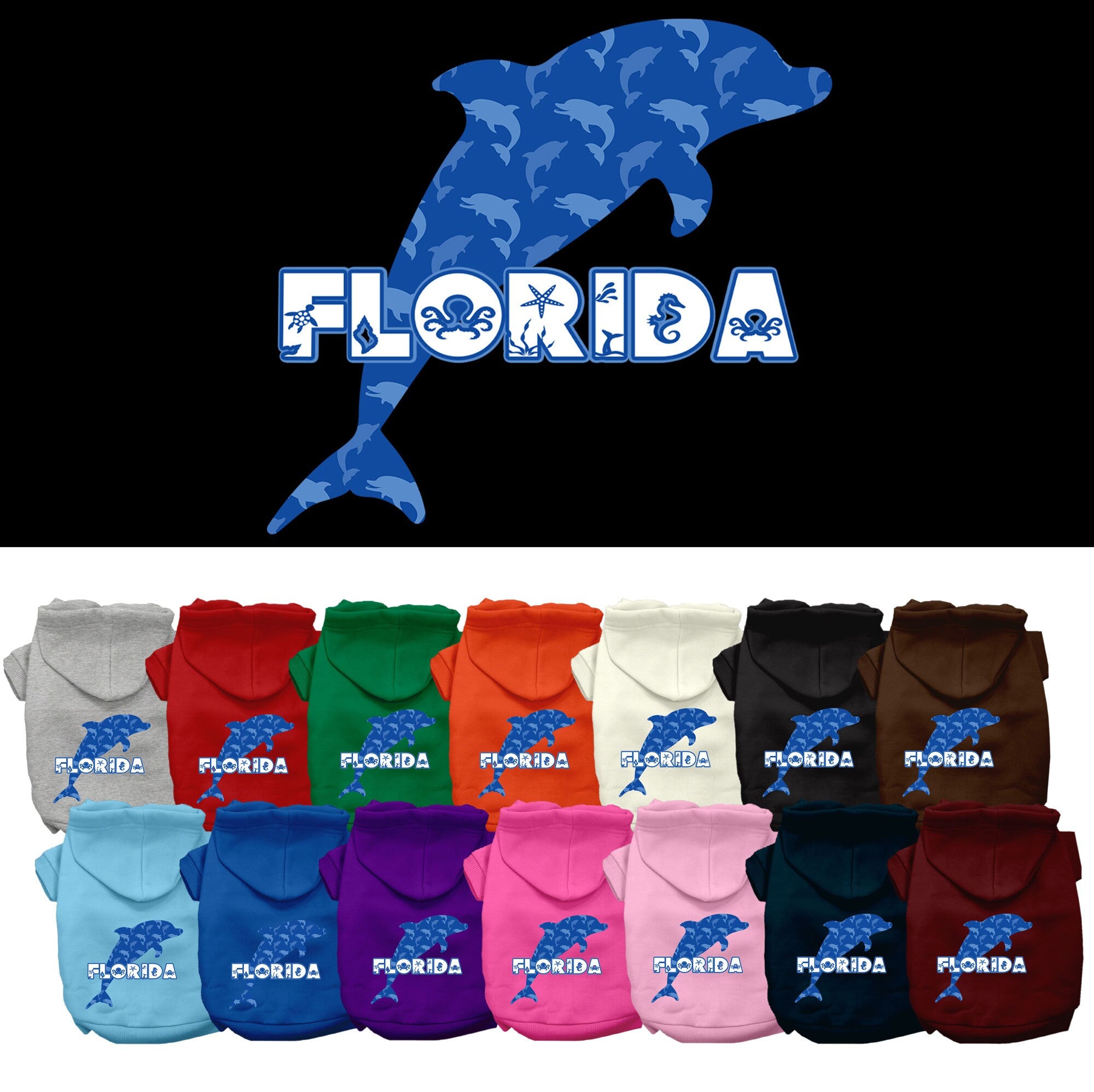 A small to medium pet wearing a Florida Blue Dolphins screen printed hoodie, showcasing its soft fabric and stylish design.
