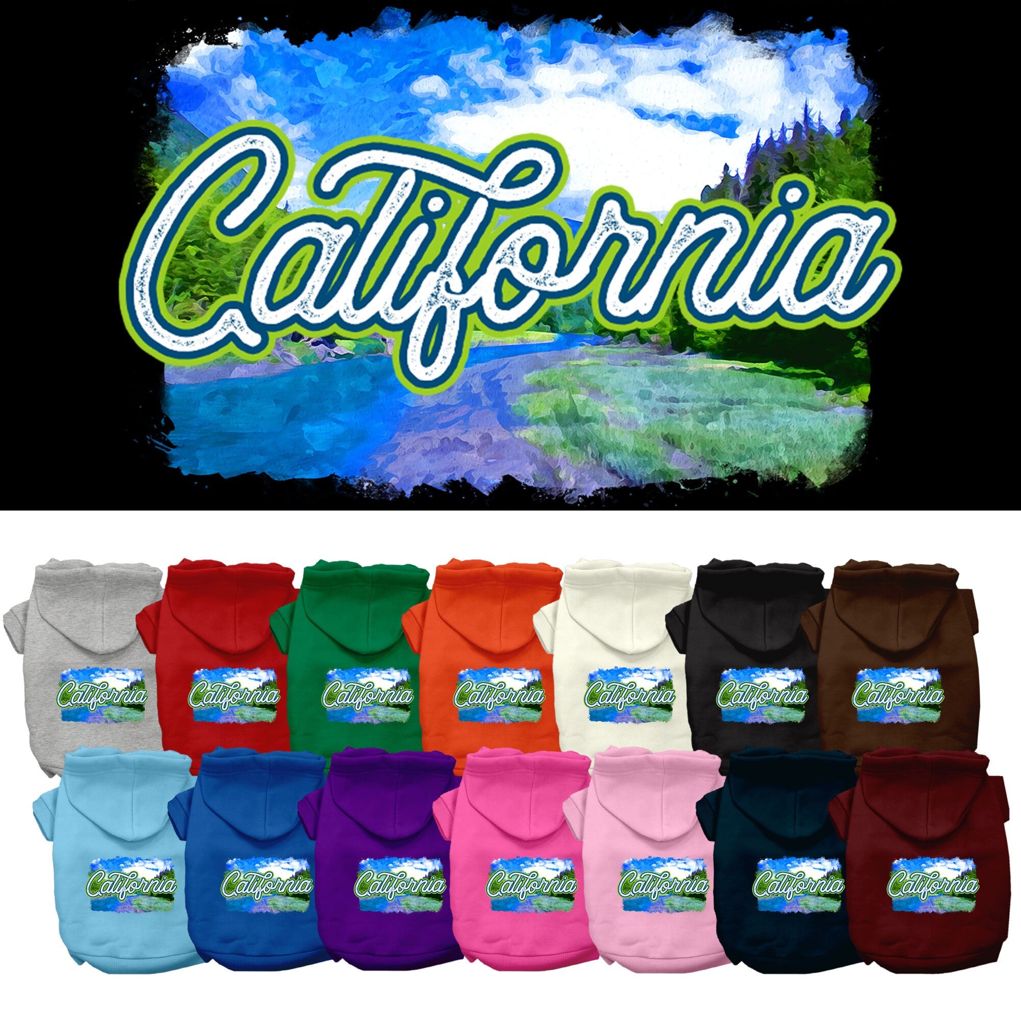 A small to medium pet wearing a stylish screen printed hoodie with a 'California Summer' design, showcasing its soft fabric and convenient leash access.