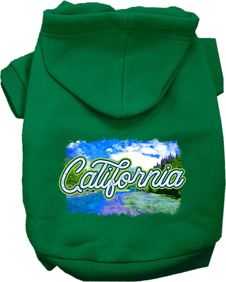 A small to medium pet wearing a stylish screen printed hoodie with a 'California Summer' design, showcasing its soft fabric and convenient leash access.