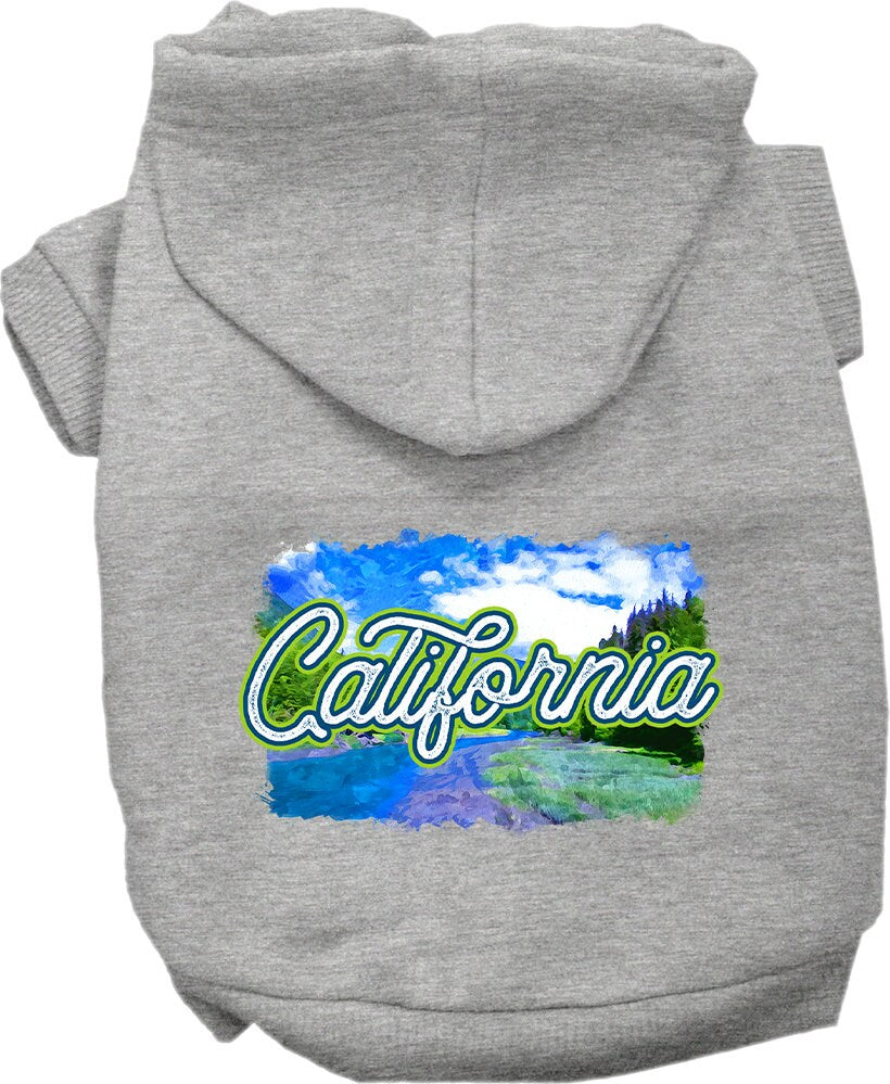 A small to medium pet wearing a stylish screen printed hoodie with a 'California Summer' design, showcasing its soft fabric and convenient leash access.