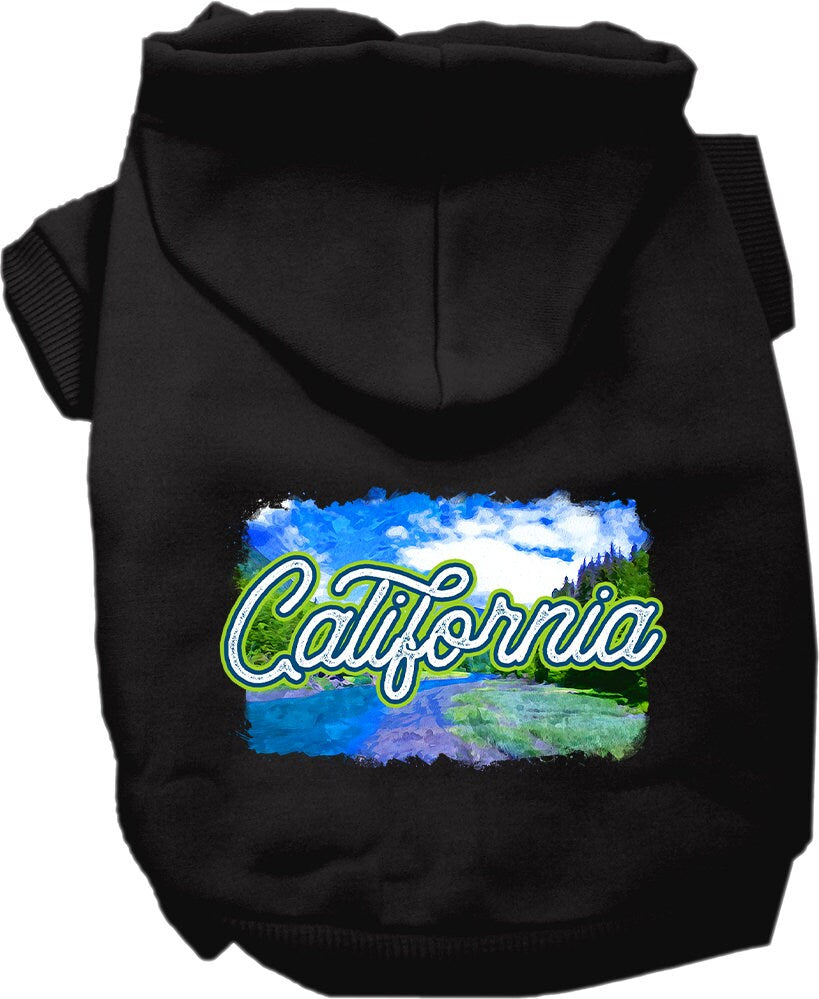 A small to medium pet wearing a stylish screen printed hoodie with a 'California Summer' design, showcasing its soft fabric and convenient leash access.