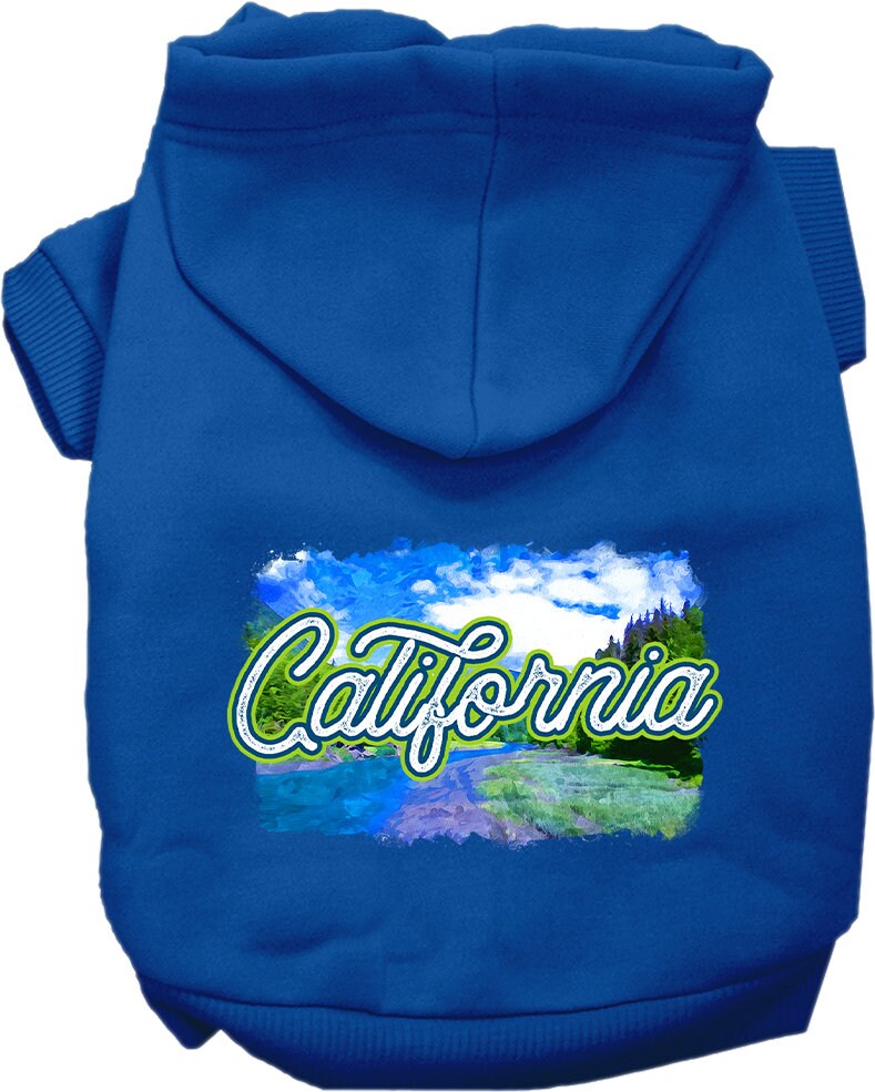 A small to medium pet wearing a stylish screen printed hoodie with a 'California Summer' design, showcasing its soft fabric and convenient leash access.