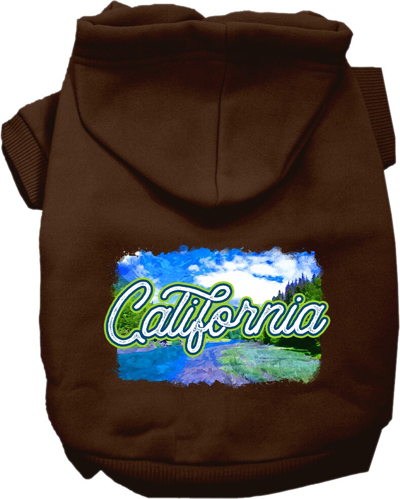 A small to medium pet wearing a stylish screen printed hoodie with a 'California Summer' design, showcasing its soft fabric and convenient leash access.
