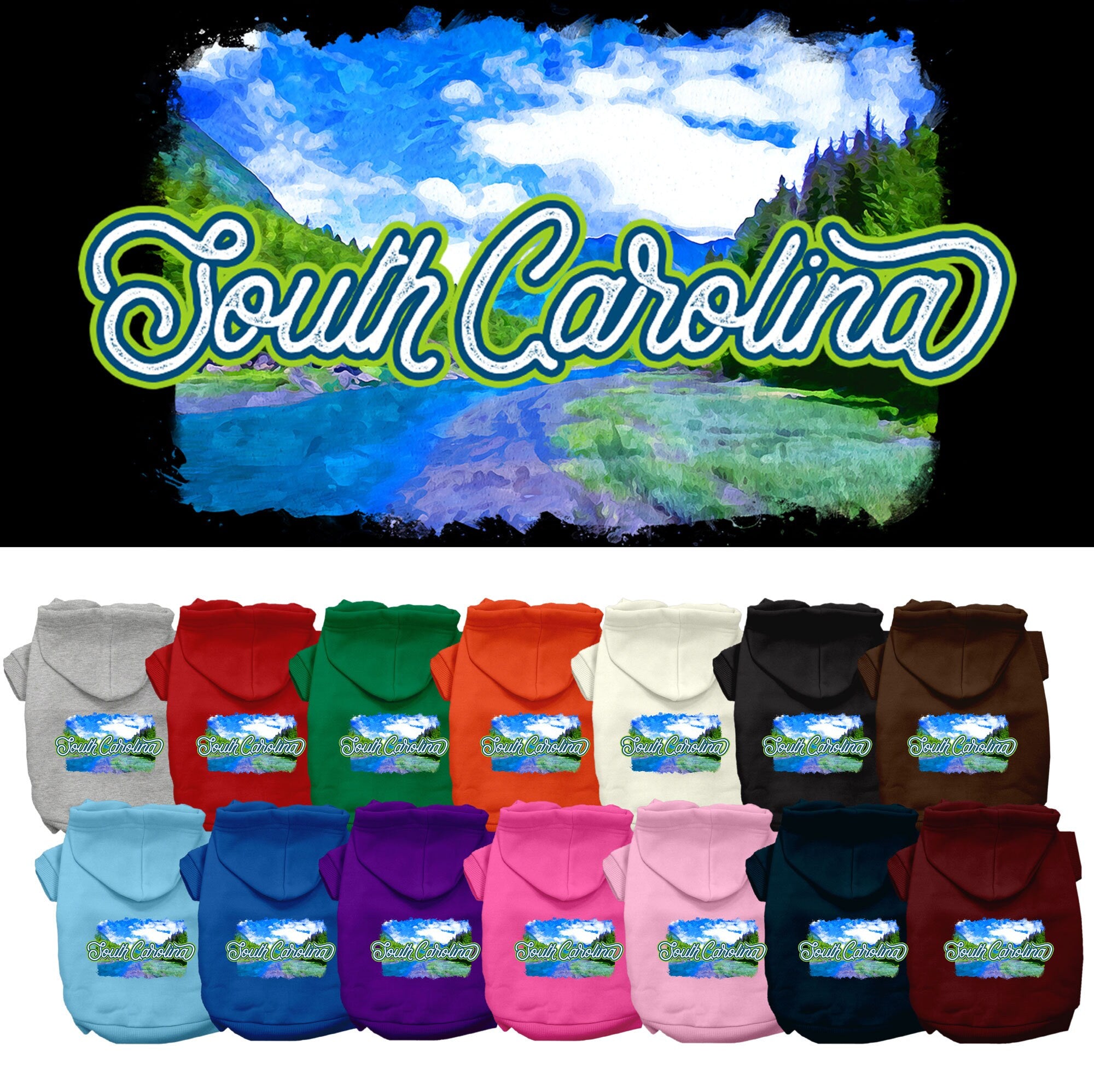 A small to medium pet wearing a soft, warm screen printed hoodie with a South Carolina Summer design, showcasing its stylish and comfortable fit.
