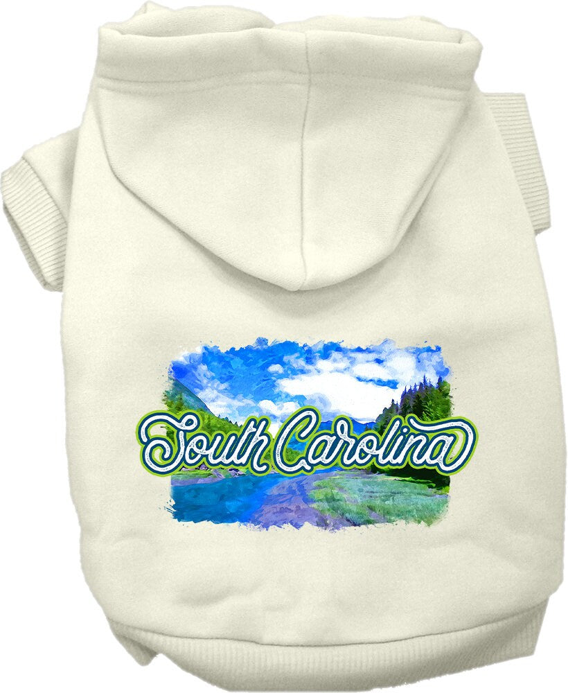 A small to medium pet wearing a soft, warm screen printed hoodie with a South Carolina Summer design, showcasing its stylish and comfortable fit.