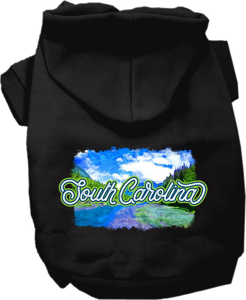 A small to medium pet wearing a soft, warm screen printed hoodie with a South Carolina Summer design, showcasing its stylish and comfortable fit.