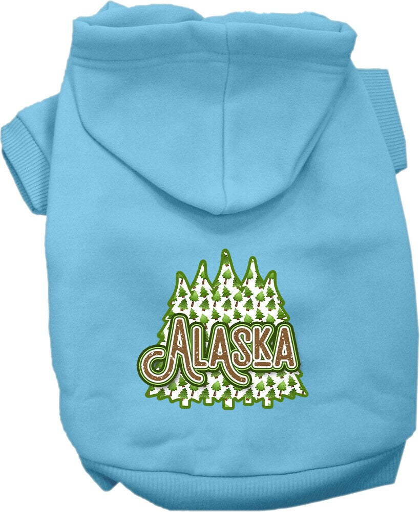 A cozy pet hoodie for small to medium dogs and cats, featuring a stylish Alaska Woodland Trees print, perfect for chilly weather.