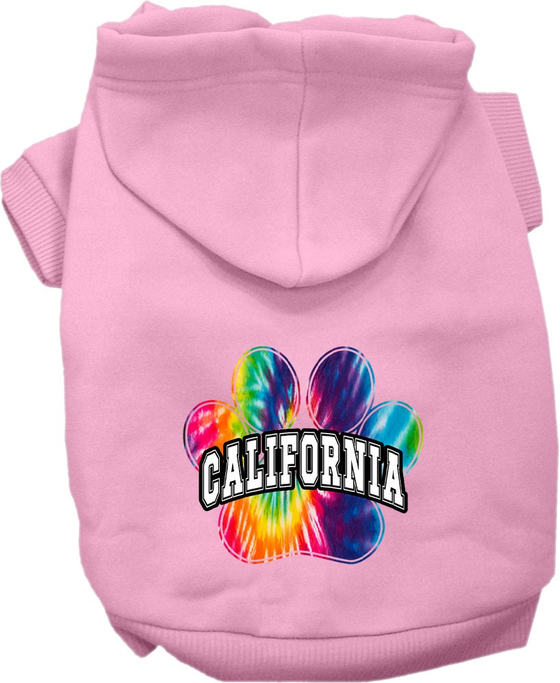 A vibrant California Bright Tie Dye hoodie designed for small to medium dogs and cats, showcasing its soft fabric and convenient leash access hole.