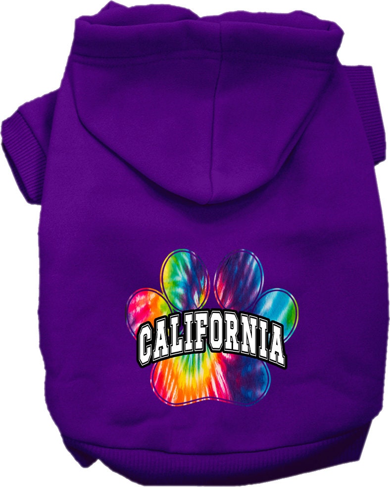 A vibrant California Bright Tie Dye hoodie designed for small to medium dogs and cats, showcasing its soft fabric and convenient leash access hole.
