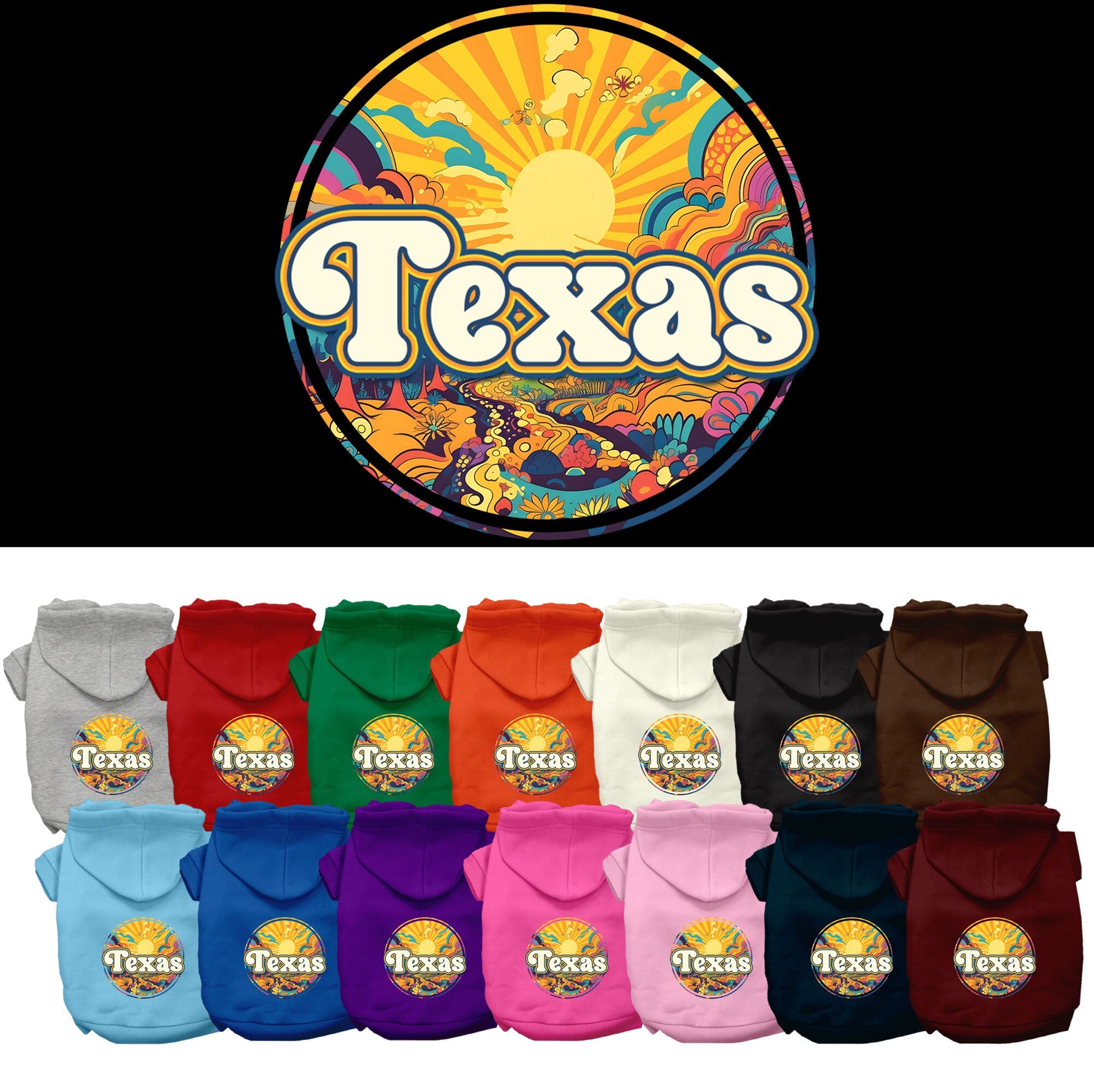 A cozy screen printed hoodie for small to medium pets featuring a colorful 'Texas Trippy Peaks' design, perfect for dogs and cats.