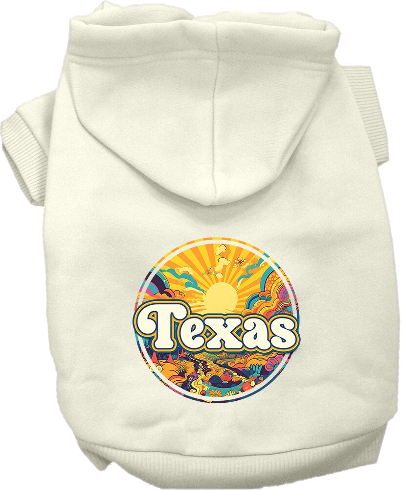 A cozy screen printed hoodie for small to medium pets featuring a colorful 'Texas Trippy Peaks' design, perfect for dogs and cats.