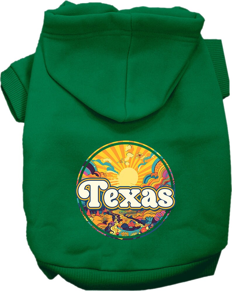 A cozy screen printed hoodie for small to medium pets featuring a colorful 'Texas Trippy Peaks' design, perfect for dogs and cats.