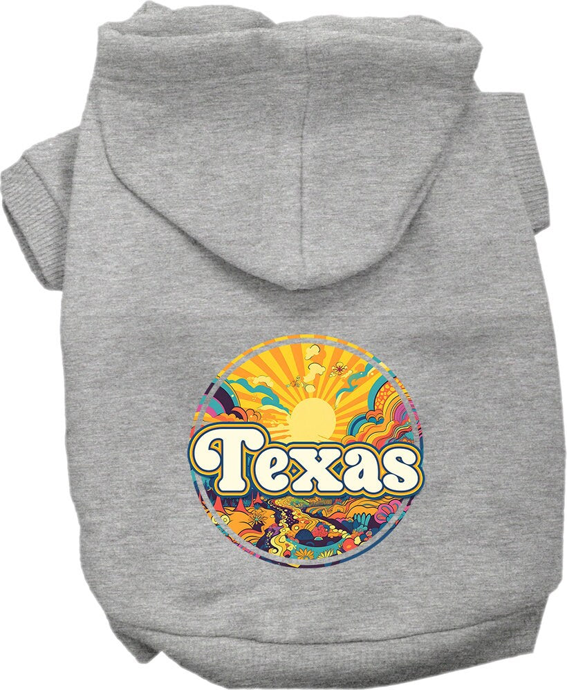 A cozy screen printed hoodie for small to medium pets featuring a colorful 'Texas Trippy Peaks' design, perfect for dogs and cats.