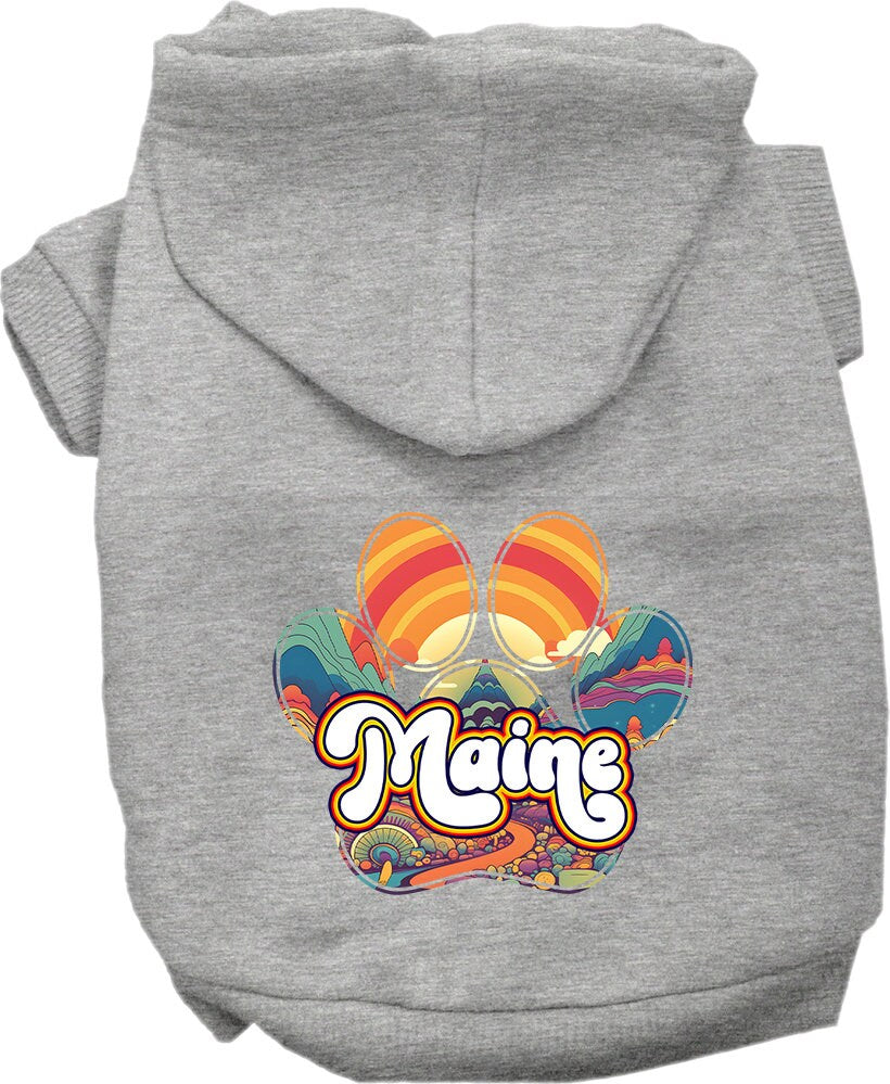 A cozy screen printed hoodie for small to medium pets, featuring a unique Maine Groovy Summit design, perfect for dogs and cats.