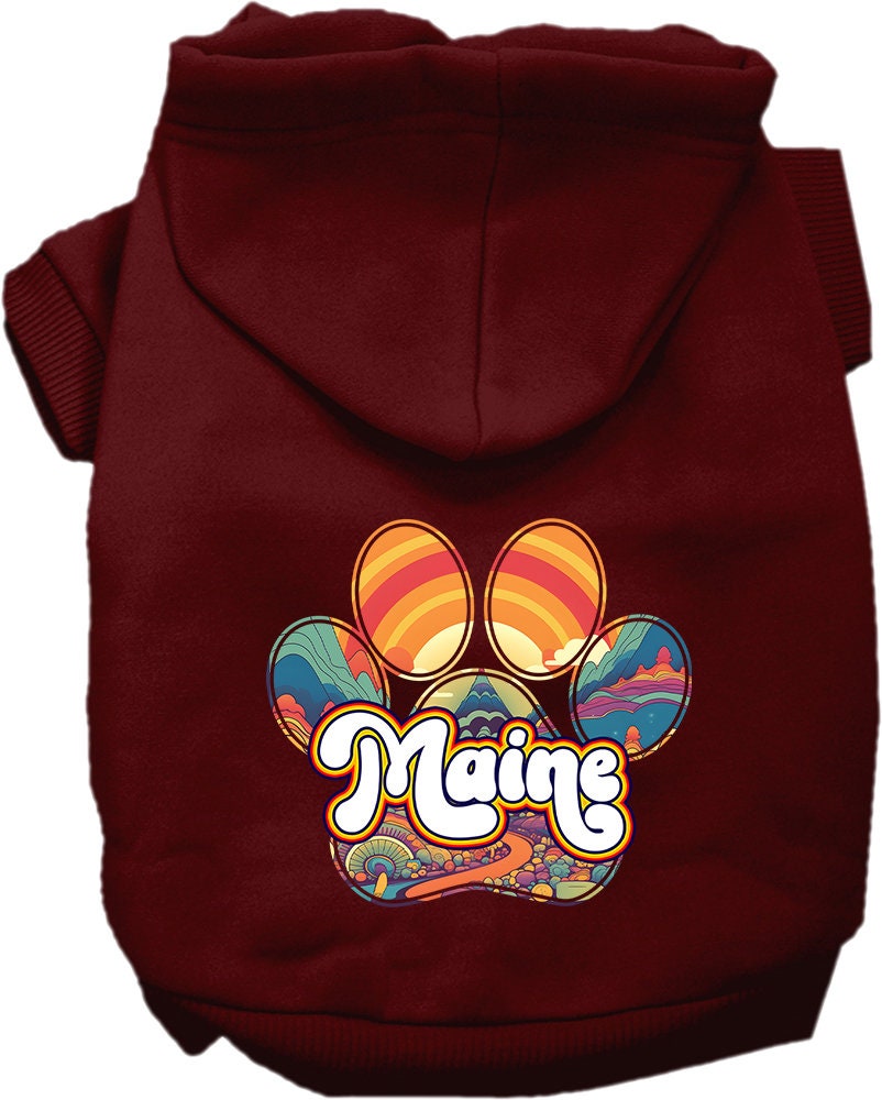 A cozy screen printed hoodie for small to medium pets, featuring a unique Maine Groovy Summit design, perfect for dogs and cats.
