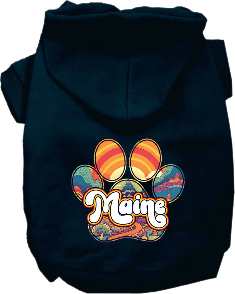 A cozy screen printed hoodie for small to medium pets, featuring a unique Maine Groovy Summit design, perfect for dogs and cats.