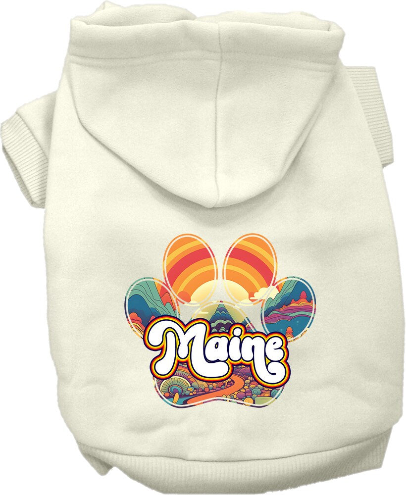 A cozy screen printed hoodie for small to medium pets, featuring a unique Maine Groovy Summit design, perfect for dogs and cats.