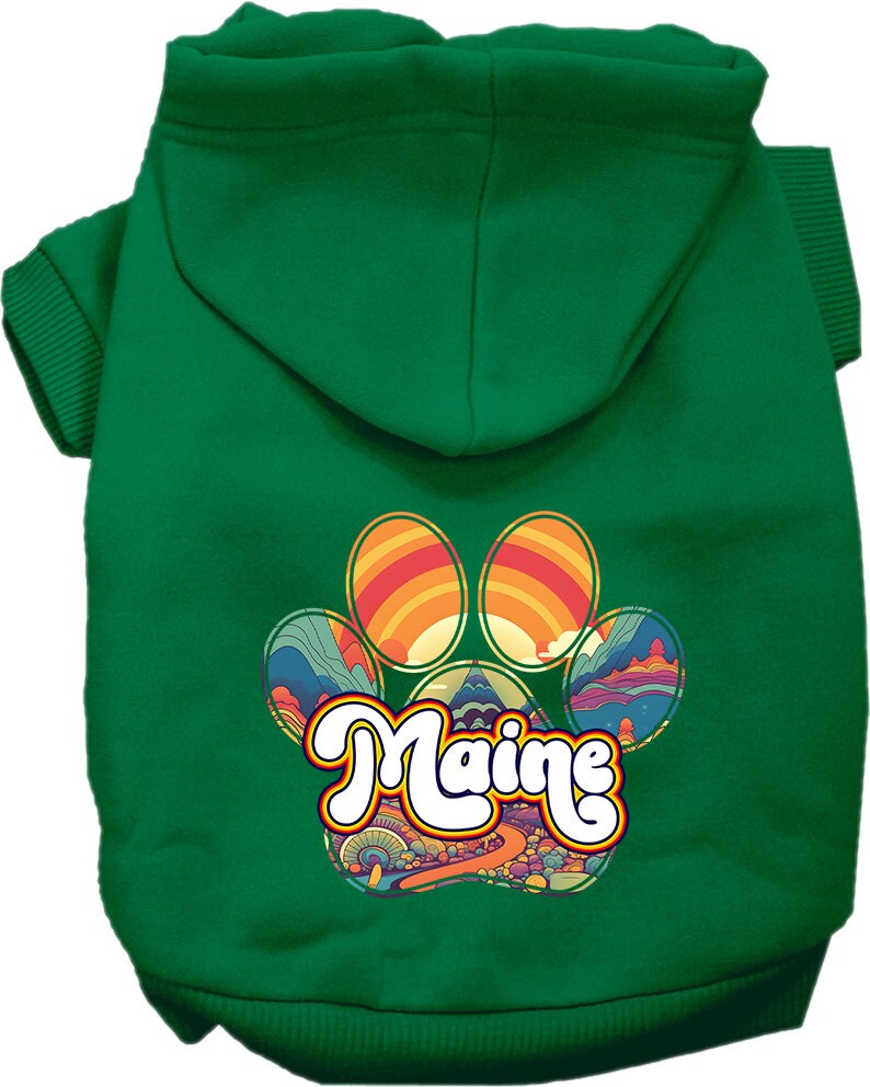 A cozy screen printed hoodie for small to medium pets, featuring a unique Maine Groovy Summit design, perfect for dogs and cats.