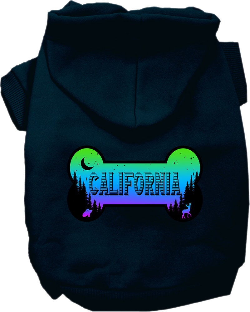 A cozy screen printed hoodie for small to medium pets, featuring a stylish 'California Mountain Shades' design, perfect for dogs and cats.