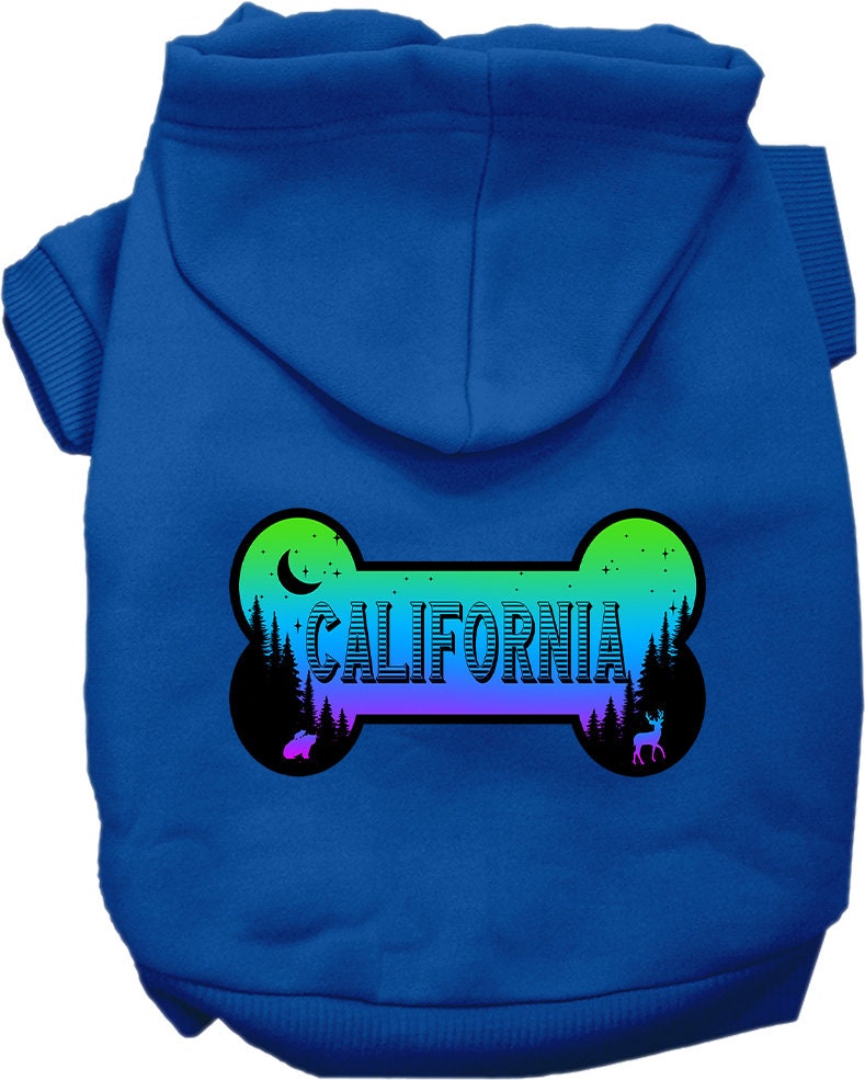 A cozy screen printed hoodie for small to medium pets, featuring a stylish 'California Mountain Shades' design, perfect for dogs and cats.