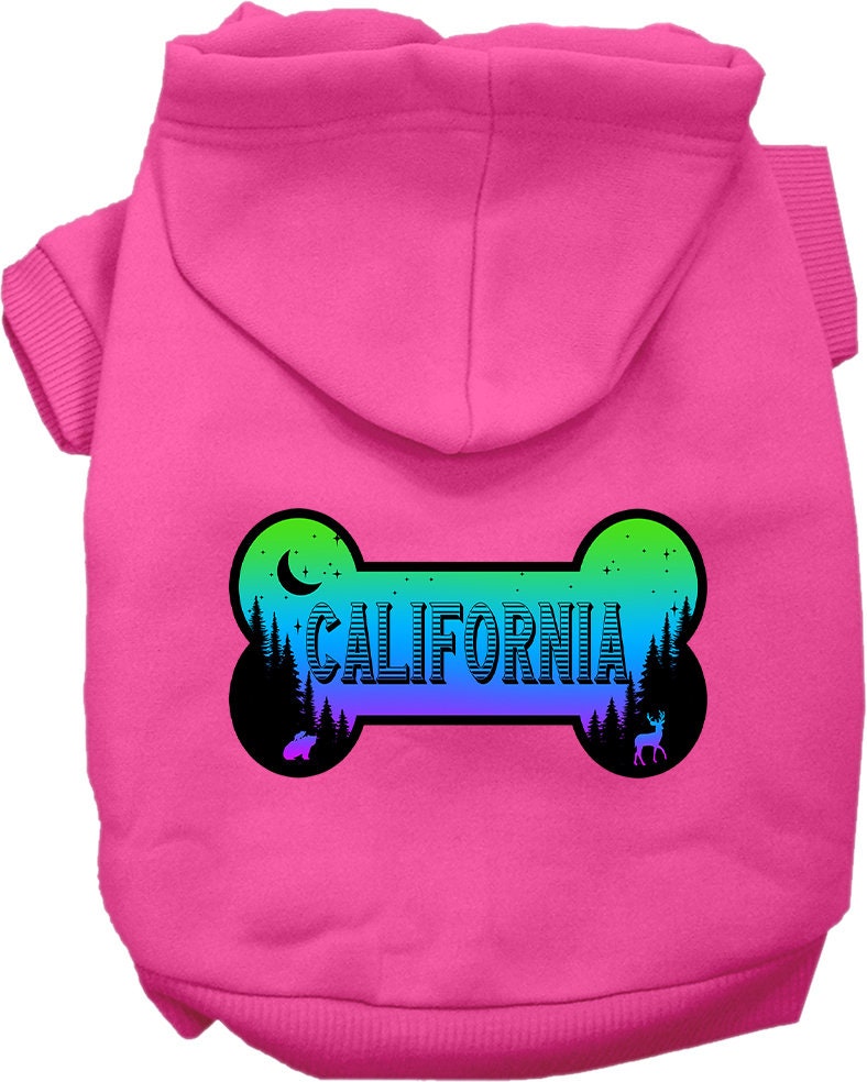 A cozy screen printed hoodie for small to medium pets, featuring a stylish 'California Mountain Shades' design, perfect for dogs and cats.