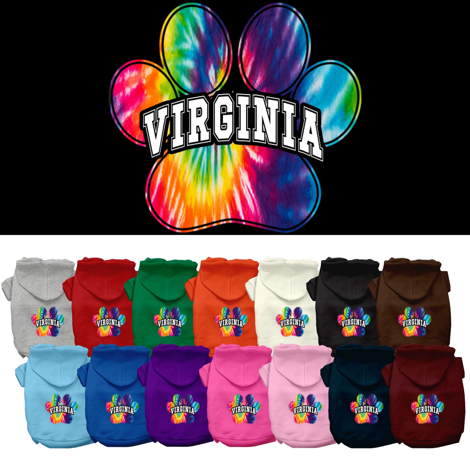 A vibrant Virginia Bright Tie Dye hoodie for small to medium pets, showcasing its soft fabric and convenient leash access hole.