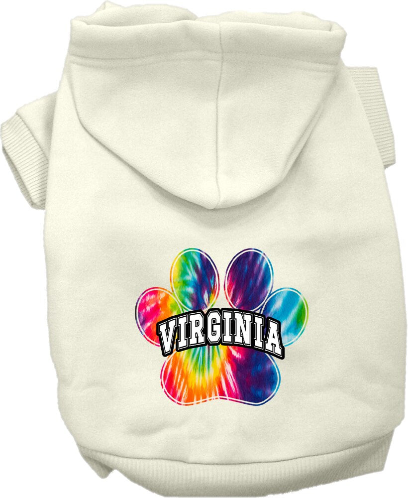 A vibrant Virginia Bright Tie Dye hoodie for small to medium pets, showcasing its soft fabric and convenient leash access hole.